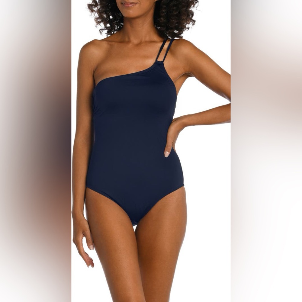 La Blanca Goddess One-Shoulder One-Piece Swimsuit Indigo Size 8 NWT
